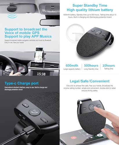 Hands Free Car Speakerphone Kit Bluetooth 5.0 Wireless Vehicle BT Handsfree Hands-Free Microphone Sun Visor Music Player with Mic