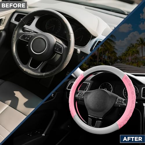 PIC AUTO Massage Steering Wheel Cover, Pink Football Pattern Material Spliced & Gray Leather Car Steering Wheel Cover, Car Steering Cover, Universal Fit 14.5"-15.5" for Cars, Trucks, Van, SUVs - color: Pink Gray
