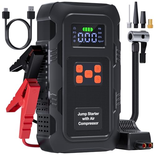 5000A Jump Starter with Air Compressor, Portable Car Battery Jump Starter with 150 PSI Tire Inflator for Up to 10.0L Gas and 8.0L Diesel Engines, 12V Jump Box Battery Charger Booster(Orange) - color: Orange