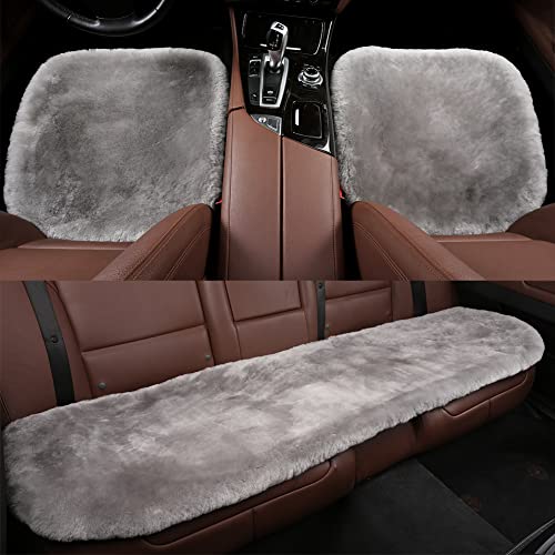 LLB Genuine Sheepskin Car Seat Cushion Seat Covers for Cars Trucks SUV Comfort Seat Protector Pad for Car Driver Seat Car Accessories (Grey, 2 Front Seat Cushions & Bench Seat Cushion-3 Pcs) - color: Grey, size: 2 Front Seat Cushions & Bench Seat Cushion-