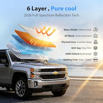 Upgraded Windshield Sun Shade for Chevrolet Silverado 1500, Ram-1500 & Sierra [Nano Ice-Crystal Cooling, 99.9% Sun Protection] Foldable Sunshade with Storage Bag, Car Accessories, M(64 x 32 in) - size: M| 64"L x 32"W