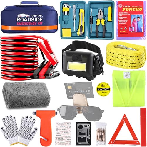 HAIPHAIK Emergency Roadside Kit for Car,Emergency Kits for Vehicles,Jumper Cables headlamps car Glasses Holder,Roadside Emergency Kit Women Men - size: xxl-24