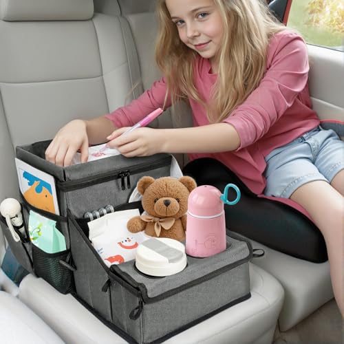 Backseat Organizer for Kids & Adults – Car Seat Cooler Warmer with 2-in-1 Writing Tray, Cup Holders & 11 Storage Compartments | Road Trip Car Organizer for Front & Back Seat (Grey) - color: Grey
