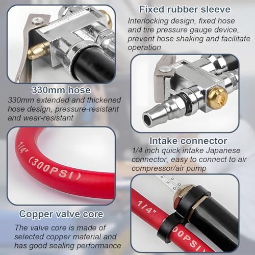 Heavy Duty Bayonet Style Tire Inflator with Air Chuck, 0-200PSI 17PCS Auto Tire Pressure Gauge with 4 Way Tool & Valve Core, Air Compressor Accessories, Universal for Sedan Truck SUV