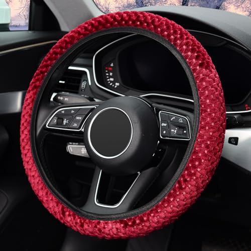 KAFEEK Elastic Short Microfiber Plush Steering Wheel Cover for Winter Warm, Universal 15 inch, Anti-Slip, Odorless, Wine Red - color: Wine Red