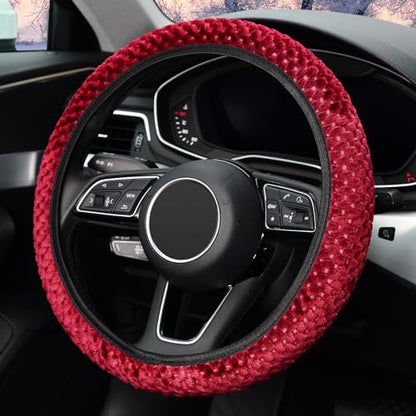 KAFEEK Elastic Short Microfiber Plush Steering Wheel Cover for Winter Warm, Universal 15 inch, Anti-Slip, Odorless, Wine Red - color: Wine Red