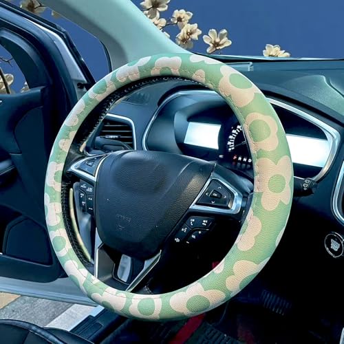 Dotesy Leather Flowers Car Steering Wheel Cover, Fashion Floral Steering Wheel Protector Universal for 36-38cm Anti Slip Auto Interior Decor Protection Accessories for Women (White Green) - color: White Green