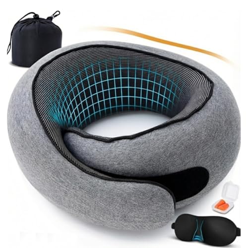 Travel Neck Pillow for Airplane – Ergonomic 360° Memory Foam Support | Lightweight & Portable Roll-Up Design| Includes Eyemask & Earplugs|Ultimate Comfort for Flights, Car & Office (Small Gray) - color: Small Grey