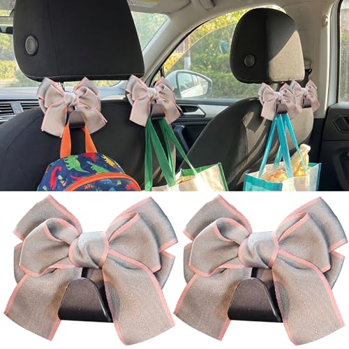 2pc Car Seat Headrest Hooks, Cute Bow Car Purse Hook for Bags, Heavy Duty Hanger for Handbag Grocery Bag Coat, Interior Accessories for Women (Gray) - color: Gray