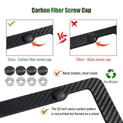 Carbon Fiber License Plate Frames- Black Carbon Pattern Plastic Front & Rear Car Tag Holder Cover 2 Pack with Mount Hardware, Screws, Caps, Handlebar Stickers - style: Carbon Fiber-Plastic-4 Hole