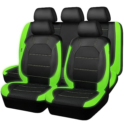 CAR PASS Luminous Green Leather seat Covers Universal Sport car seat Cover, 5mm Composite Sponge Inside, Airbag Compatible fits Most Cars, SUVs,Trucks,Vans (Full Set,Black with Green) - color: Black Green, size: Full Set