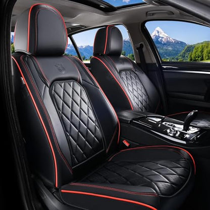 Coverado Car Seat Covers Full Set, Luxury Faux Leather Waterproof Seat Covers, Black Car Seat Covers, Universal Car Seat Protector Leather Car Seat Cushion, Carseat Cover Fit Most Cars, Black&Red - color: A-Black&Red, size: Fullset
