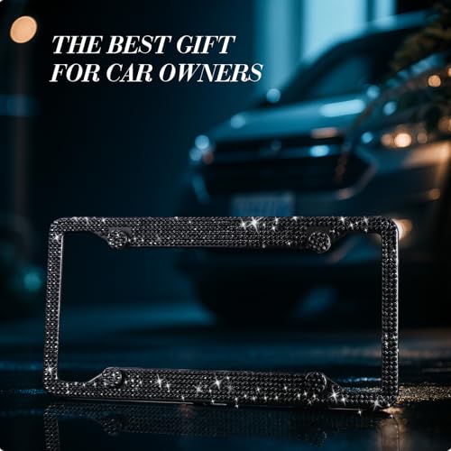 Timtin 2 Pcs Bling License Plate Frame Sparkly Rhinestone Diamond Accessories Stainless Steel Front License Plate Cover with Bling 4 Crystal Tire Valve Caps 1 Start Ring Sticker (Black) - color: Black