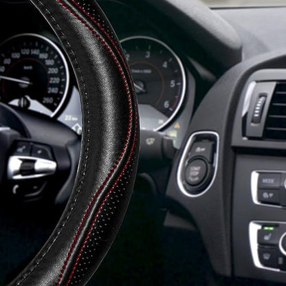 HAOKAY Top Grade Black Genuine Leather Steering Wheel Cover Women Men, Luxury Steering Wheel Cover for Cars, SUVS and Trucks, Universal 14.5-15 inch - color: BLACK/RED