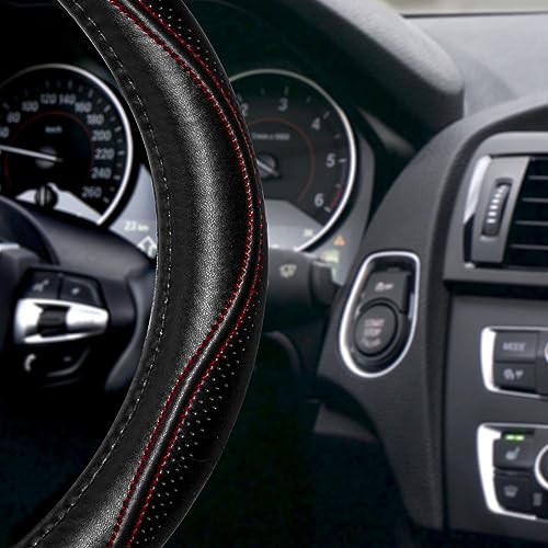 HAOKAY Top Grade Black Genuine Leather Steering Wheel Cover Women Men, Luxury Steering Wheel Cover for Cars, SUVS and Trucks, Universal 14.5-15 inch - color: BLACK/RED