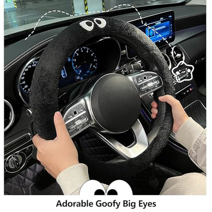 Car Headrest Pillow & Steering Wheel Cover Set with Cute Big-Eyed Furball Travel Neck Support Pillow Fur Car Interior Accessory (Black Ring Cover) - color: Black Ring Cover