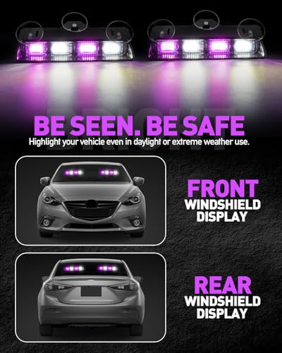 HLauto 2002L Emergency Dash Strobe Lights: Purple White Safety Lights, Flashing Warning Hazard Windshield Visor Traffic Light Bars for Trucks, Construction Vehicles (2x8.5 inch, 48LED) - color: Purple/White