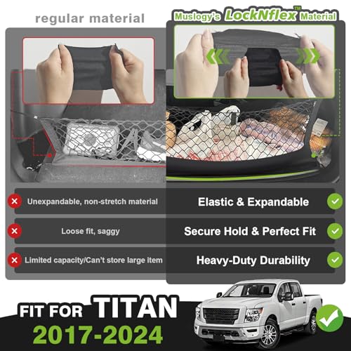 Muslogy Truck Bed Cargo Net Trunk Netting Compatible with Nissan Titan 2017-2025 Accessories, Pickup Cargo Organizer SUV Sedan Storage Net w/Heavy Duty Carabiners - style: 2017+ Titan