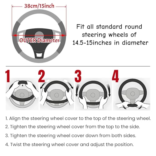 15 Inches Universal Round Leather Car Steering Wheel Cover, Cute Bear Soft Breathable Non-Slip Steering Wheel Protector Wrap (Grey) - color: Grey