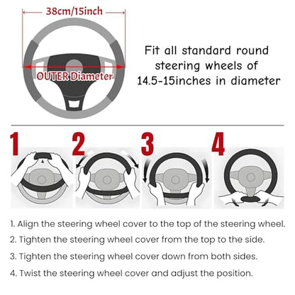 15 Inches Universal Round Leather Car Steering Wheel Cover, Cute Bear Soft Breathable Non-Slip Steering Wheel Protector Wrap (Pink-White) - color: Pink-White