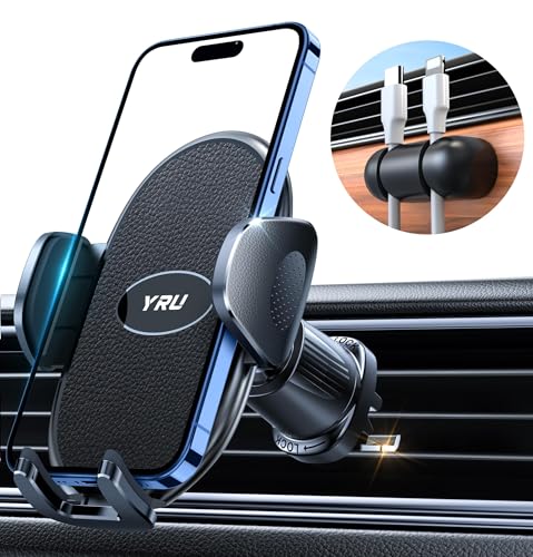 YRU Phone Holders for Your Car [2026 Upgraded Military Metal Hook], Cellphone Holder Car[No Fear of Bumps] Vent Phone Mount Truck Compatible with iPhone17 16 15 14 13 12 Samsung Android, Black - color: Black