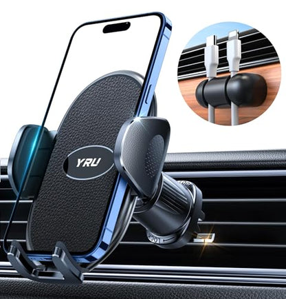 YRU Phone Holders for Your Car [2026 Upgraded Military Metal Hook], Cellphone Holder Car[No Fear of Bumps] Vent Phone Mount Truck Compatible with iPhone17 16 15 14 13 12 Samsung Android, Black - color: Black