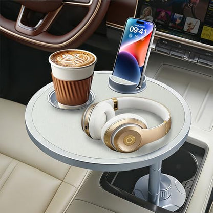 Car Food Tray & Car Table Tray with Car-Grade Aluminum Cup Holder & Phone Stand, Premium Wood with Leather Surface, 360° Rotating Car Desk for Laptop &Eating (Round, White) - color: 𝗥𝗼𝘂𝗻𝗱 · White