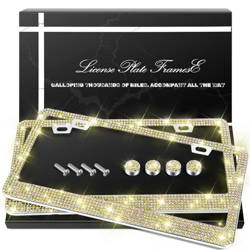 QUANQIUFEI 2 Pack Bling License Plate Frames, Sparkly Rhinestone Diamond Car License Plate Cover for Women, Stainless Steel Car Accessories with Glitter Crystal Caps (Golden) - color: Golden