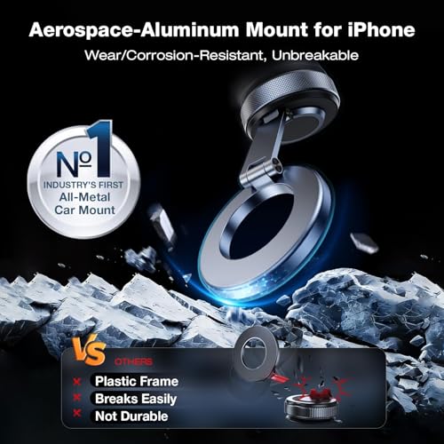 2026 Upgraded Aluminum Magnetic Car Phone Mount for MagSafe [80LBS Vacuum Suction, 3200gf Strong Magnet] 360° Adjustable Car Phone Holder for iPhone 17 16 15 14 13 Pro Max