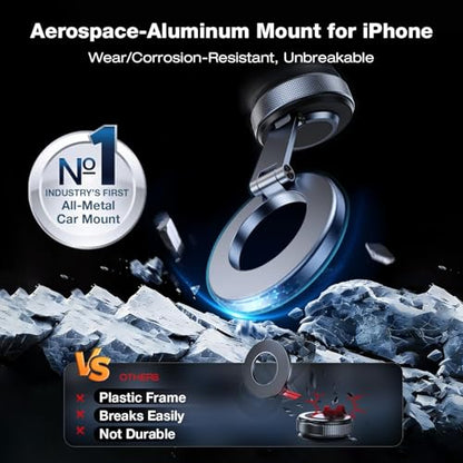 2026 Upgraded Aluminum Magnetic Car Phone Mount for MagSafe [80LBS Vacuum Suction, 3200gf Strong Magnet] 360° Adjustable Car Phone Holder for iPhone 17 16 15 14 13 Pro Max