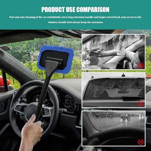 Car Windshield Cleaning Tool, Windshield Cleaner, Car Window Cleaner with 4 Washable and Reusable Cloth Pad & Long Handle, Car Accessories Auto Inside Glass Wiper Kit Universal for All Vehicles