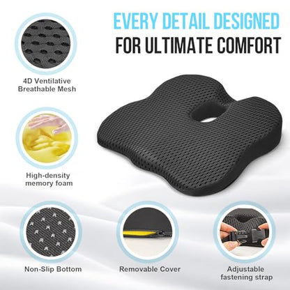 Car Seat Cushion for Driving – Ergonomic Wedge Memory Foam Booster Automotive Seat with Non-Slip Bottom & Adjustable Strap – Car Seat Pad for Car, Truck, Vehicle
