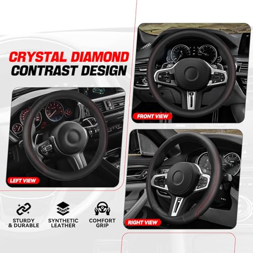 Auto Dynasty Car Steering Wheel Cover, Microfiber Leather Steering Wheel Covers Protector with Anti-Slip Inner Lining, Universal 14.5 to 15 Inch Car Interior Accessories, Black/Red Contrast Stitching - color: Stitched Red C