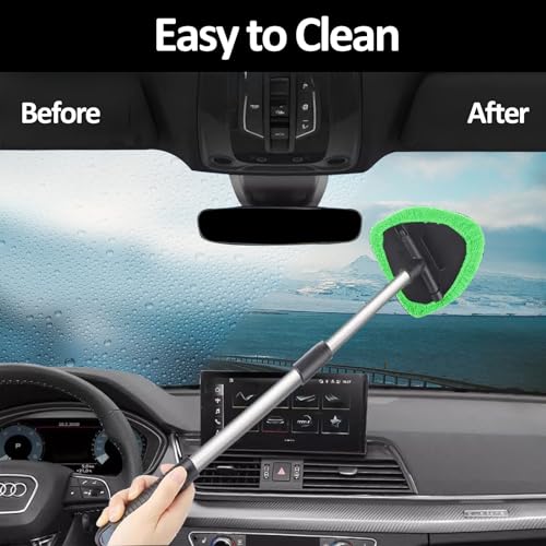 Car Windshield Cleaning Tools, Expandable Car Window Cleaner kit with 4 Reusable Microfiber Pads, Bottles, Windshield Cleaning Wand Tool, Auto Interior Dust Brush, for Trucks, SUVs, RVs etc - color: green