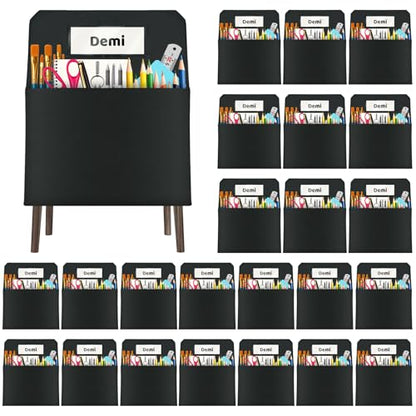 24 Pack Chair Pockets for Classrooms, 16 x 19 inch Pocket Chart Back of Chair Organizer for Kids with Name Slot, Seat Sacks for Classroom Chairs Seat Storage (Black, 24Pack)