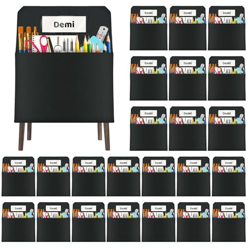 24 Pack Chair Pockets for Classrooms, 16 x 19 inch Pocket Chart Back of Chair Organizer for Kids with Name Slot, Seat Sacks for Classroom Chairs Seat Storage (Black, 24Pack)