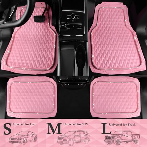 CAR PASS Bling Diamond Rubber Car Mats, Heavy Duty Deep Dish All-Weather Floor Mat Full Set Anti-Slip 3D Rhombus Waterproof Trim Fit Liner Universal Glitter Sparkly Shining Rhinestone, Pink Rubber - color: Pink Diamond