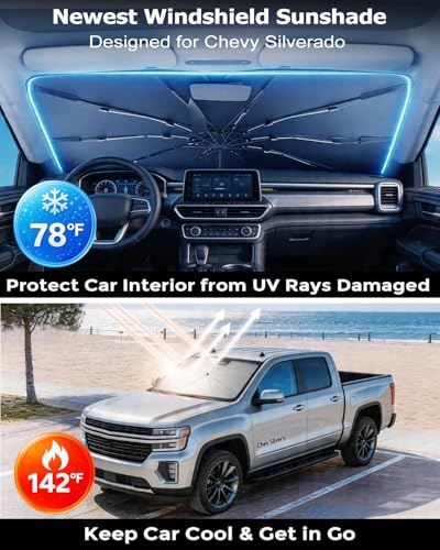 DMJN Umbrella Windshield Sun Shade for Chevy Silverado (2019-2026), Car Sunshade for Front Windshield [Nano Ice-Crystal Coatings] UPF50+ Heat & UV Block, Protect Interior & Keep Cooler - size: For | Chevy Silverado (2019-2026)