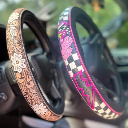 Western Cowboy Steering Wheel Cover Leather, Retro Car Tooled Leather Steering Wheel Cover, Embossed Hand-Painted Universal Anti-Slip - color: H Color