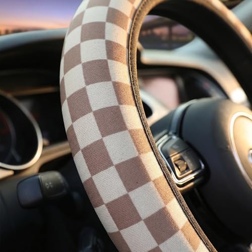 Checkered Brown Steering Wheel Cover - Universal 14-15 Inch Anti-Slip Breathable with 2 Pcs Car Coasters Suitable Men Women Checkered Car Wheel Cover Accessories - color: Checkered K