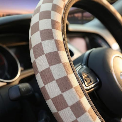 Checkered Brown Steering Wheel Cover - Universal 14-15 Inch Anti-Slip Breathable with 2 Pcs Car Coasters Suitable Men Women Checkered Car Wheel Cover Accessories - color: Checkered K