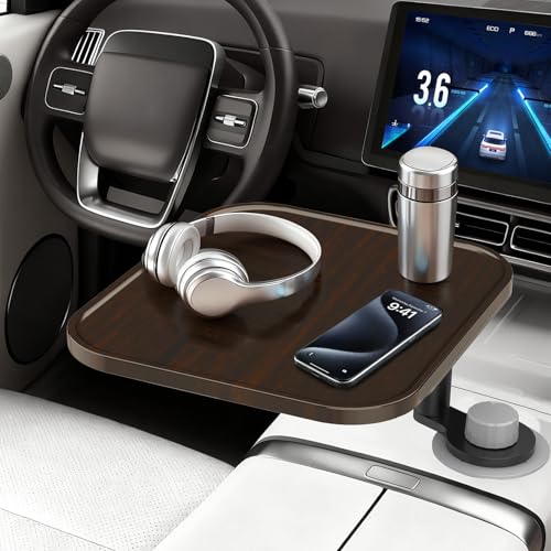360° Rotation Car Desk for Laptop, Height-Adjustable Cup Holder Table, Wooden Car Food Tray & Laptop Mount Compatible with Tesla Model Y/3/S, Ford F150/Explorer/Maverick & Most Vehicles (Dark Walnut) - color: Dark Walnut