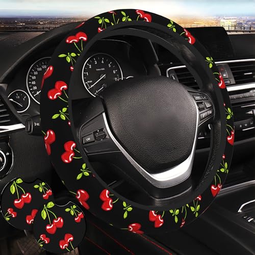 Cherry Hearts Red Steering Wheel Cover Cherry Hearts Red Steering Wheel Cover Car Women Breathable Universal for 14-15 Inch Anti-Slip 2 Pieces Car Coasters for Men Women - color: Cherry Hearts