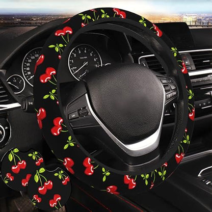 Cherry Hearts Red Steering Wheel Cover Cherry Hearts Red Steering Wheel Cover Car Women Breathable Universal for 14-15 Inch Anti-Slip 2 Pieces Car Coasters for Men Women - color: Cherry Hearts