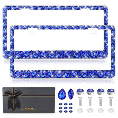 OKLPF Rhinestone Bling License Plate Frames for Women - Sparkle with Glitter Crystals & Diamond Bedazzled License Plate Cover, Fits Standard US Plates, Gift Box (Dark Blue) - color: Dark Blue, size: 2pc