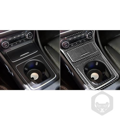 Real Carbon Fiber Center Control Storage Box Frame Cigarette Lighter Cover Water Cup Holder Frame Sticker Cover Accessories Compatible with Benz CLA C117 2014-2018 GLA X156 2015-2019 Black - Kit - color: Center Storage Cigarette Lighter Cup Holder - Kit
