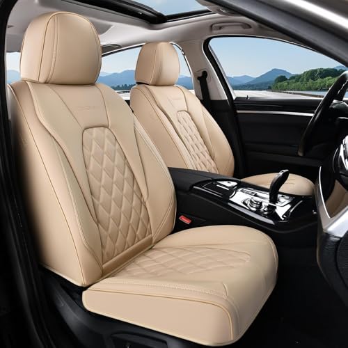 Coverado Front Seat Covers, Luxury Faux Leather Seat Covers for Cars, Beige Car Seat Covers, Car Seat Protector Waterproof, Automotive Interior Accessories Universal Fit for Most Cars Truck SUV Sedan - color: Beige(Grid), size: Front