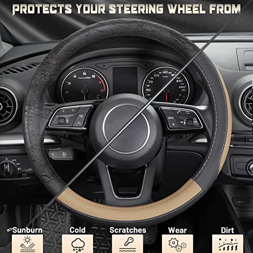 SEG Direct Car Steering Wheel Cover for Prius Civic Model 3 Model Y Camaro, Small Size 14-14.25 inch, Black and Beige Microfiber Leather - color: Black and Beige, size: Small size[14''-14 1/4'']
