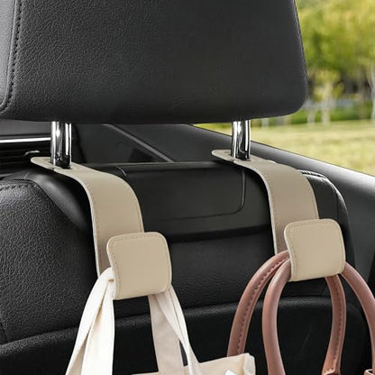 Leather Car Purse Hooks with Larger Strap Holder Purse Hook Purse Holder for car car seat Back Hooks Automotive seat Back Organizer headrest Hooks for Bags and Purse (Beige, 2pcs) - color: Beige