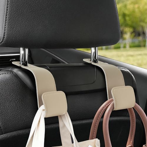 Leather Car Purse Hooks with Larger Strap Holder Purse Hook Purse Holder for car car seat Back Hooks Automotive seat Back Organizer headrest Hooks for Bags and Purse (Beige, 2pcs) - color: Beige